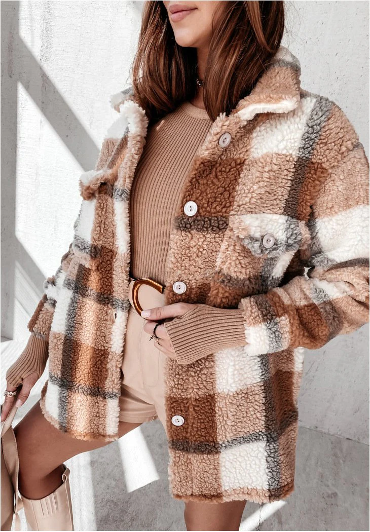 Long Sleeve Double Pocket Plaid Fur Coat