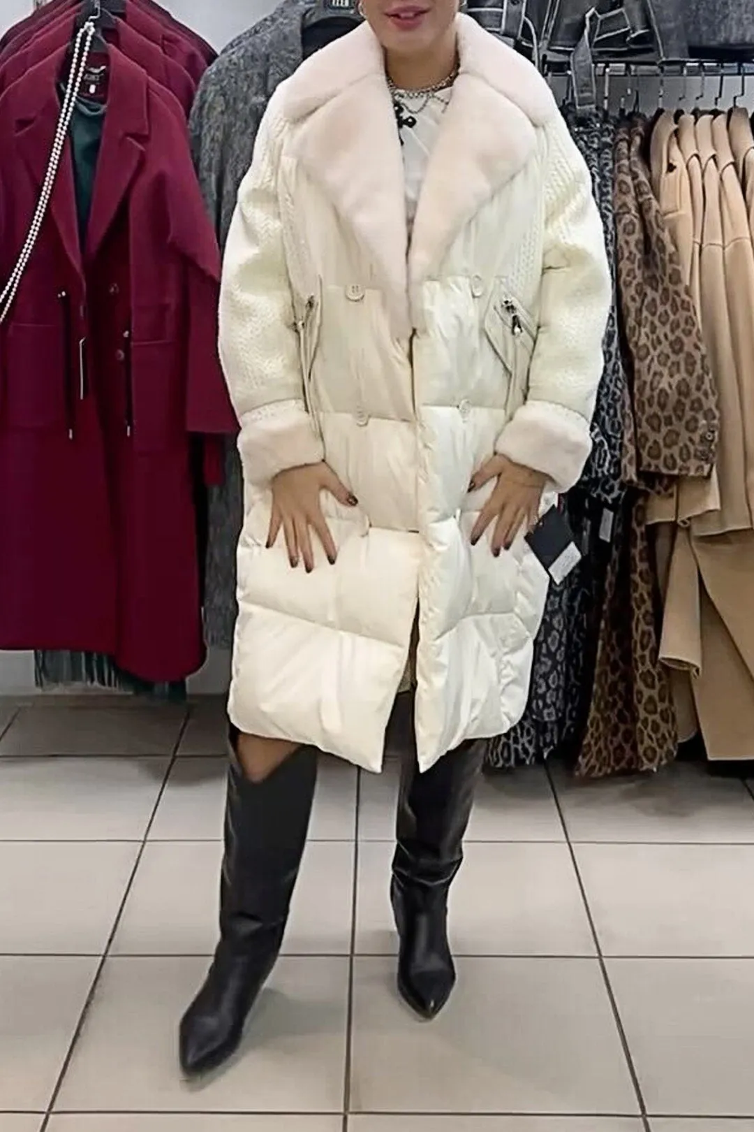 Women's Lapel Patchwork Fur Long Down Coat